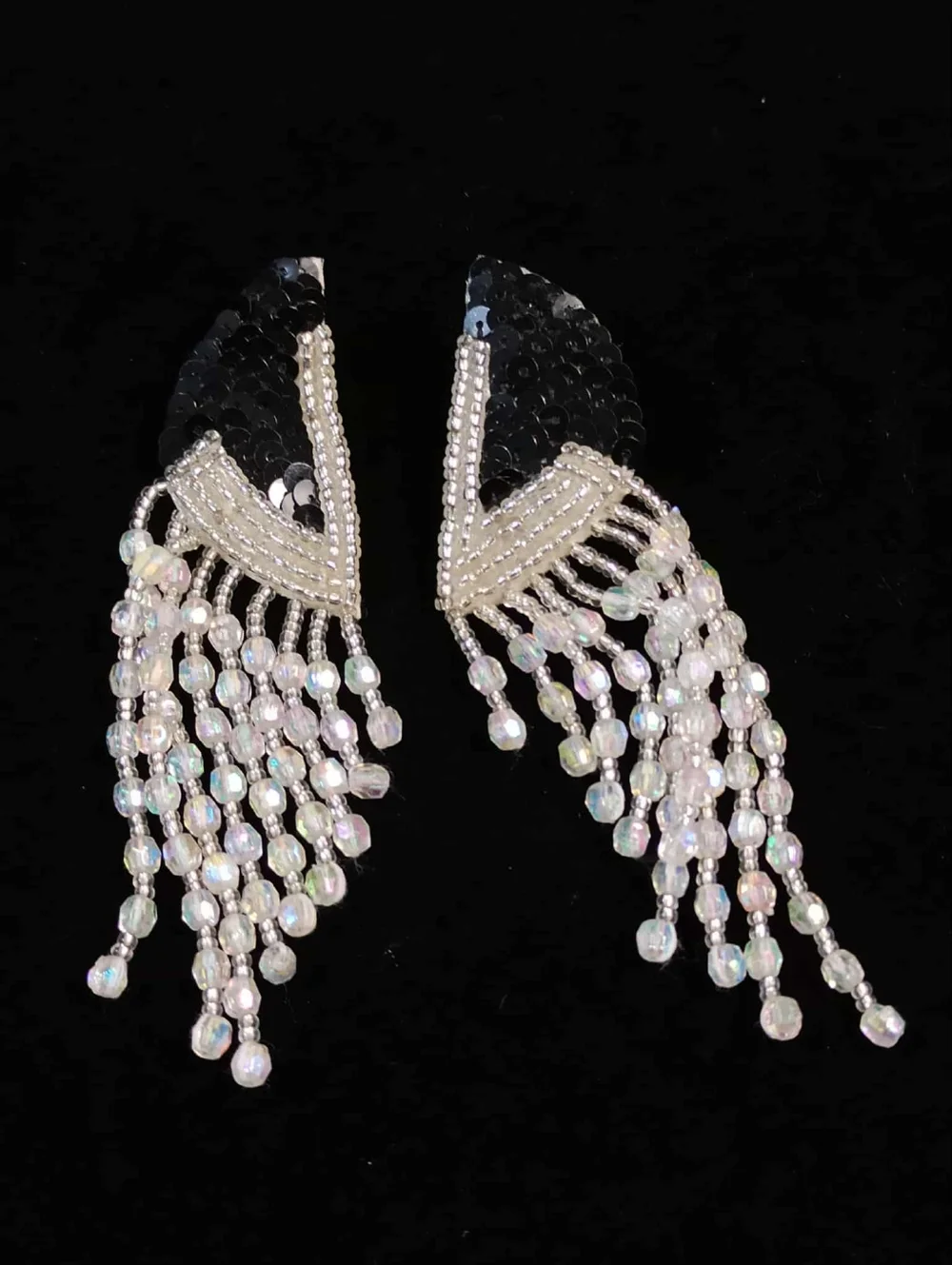 80's Black Sequin Beaded Fringe Earrings Dramatic Dangle Pierced